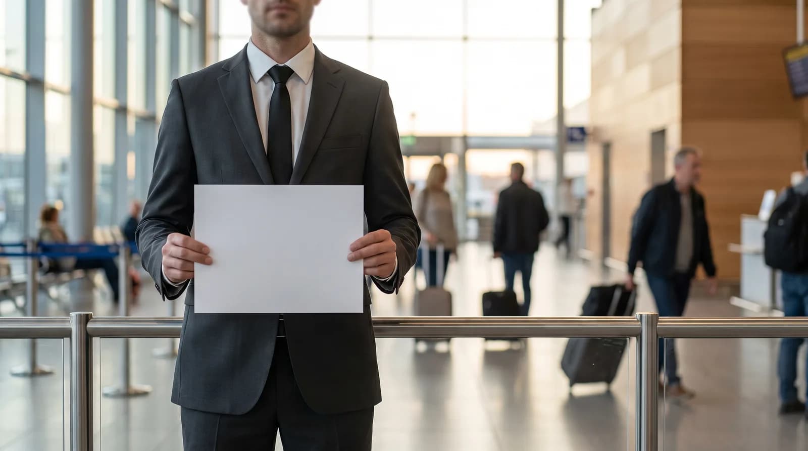 Chófer con cartel de bienvenida en la zona de llegadas de una terminal de aeropuerto