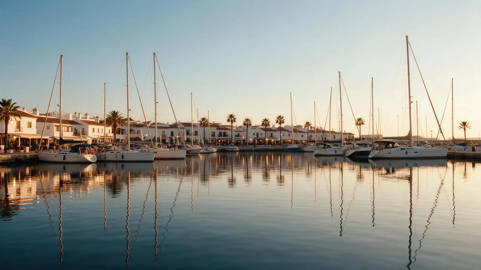 Puerto deportivo en la costa andaluza al atardecer, con veleros amarrados