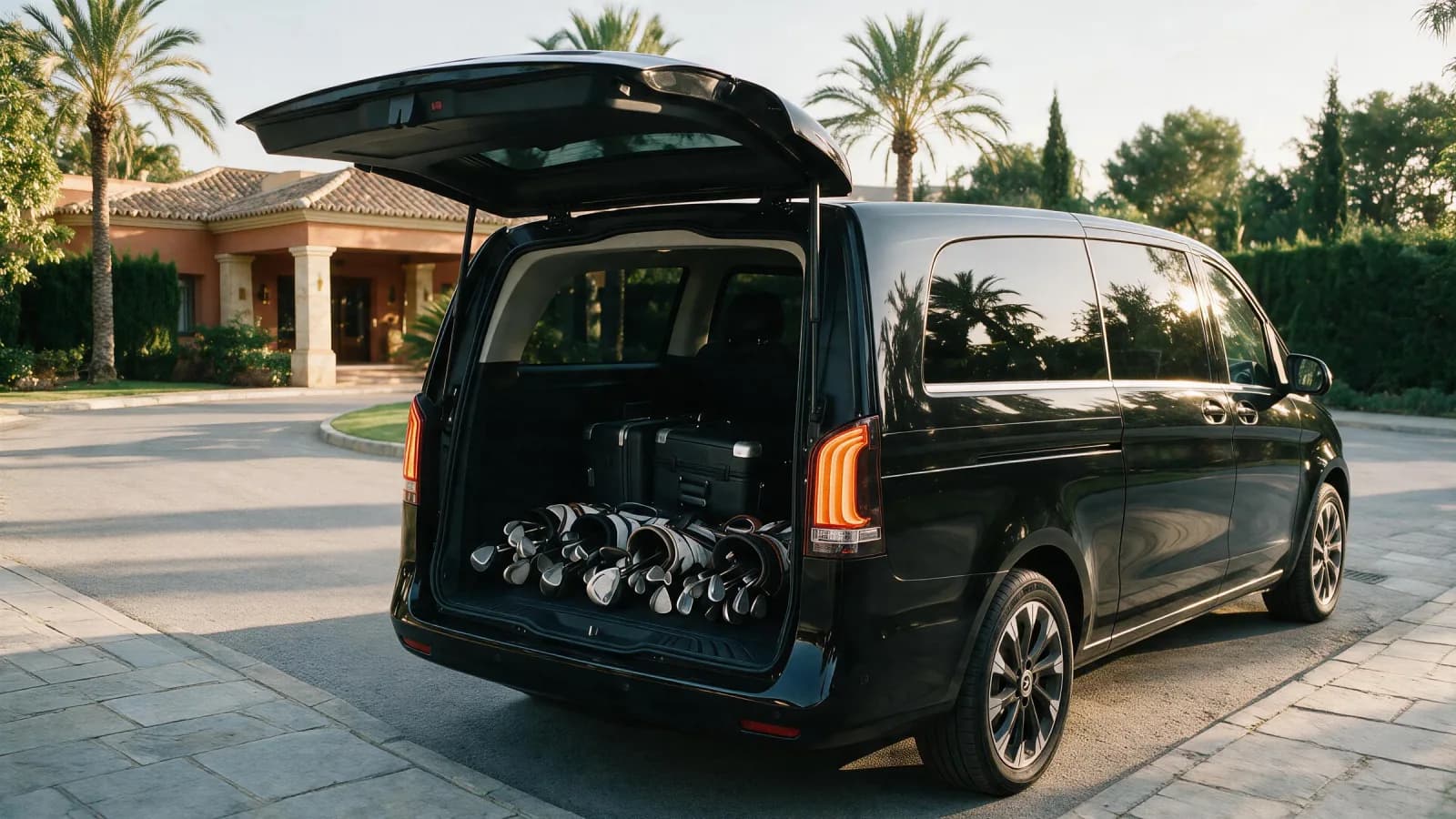 Maletero del Mercedes-Benz V300 Atelier cargado con bolsas de palos y equipaje
