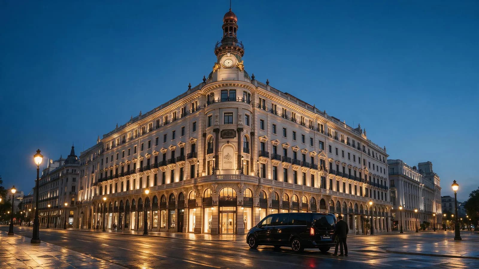 Mercedes-Benz V300 Atelier esperando frente al Centro Canalejas al anochecer