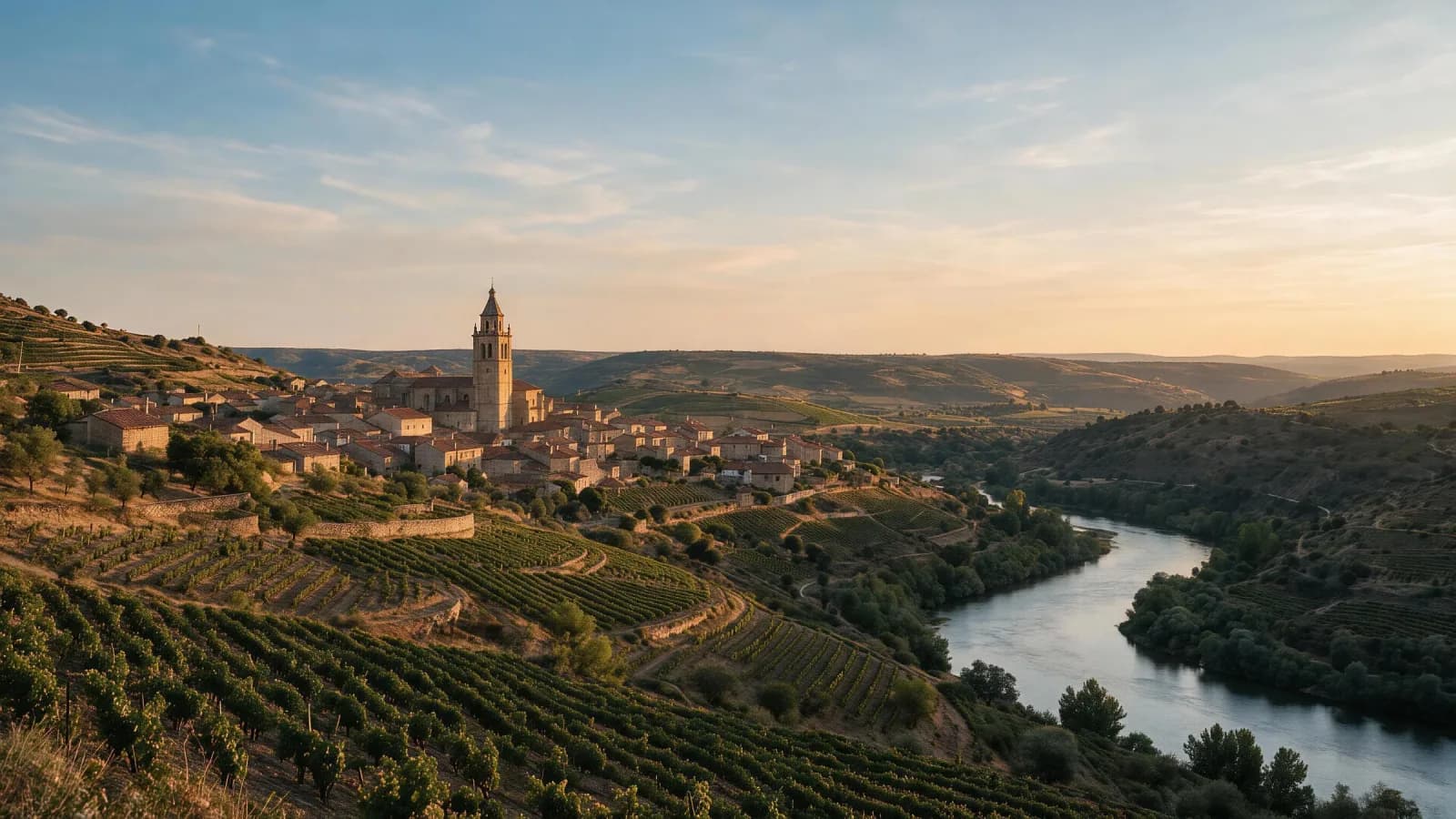 Atardecer sobre el Duero con viñedos y un pueblo de piedra