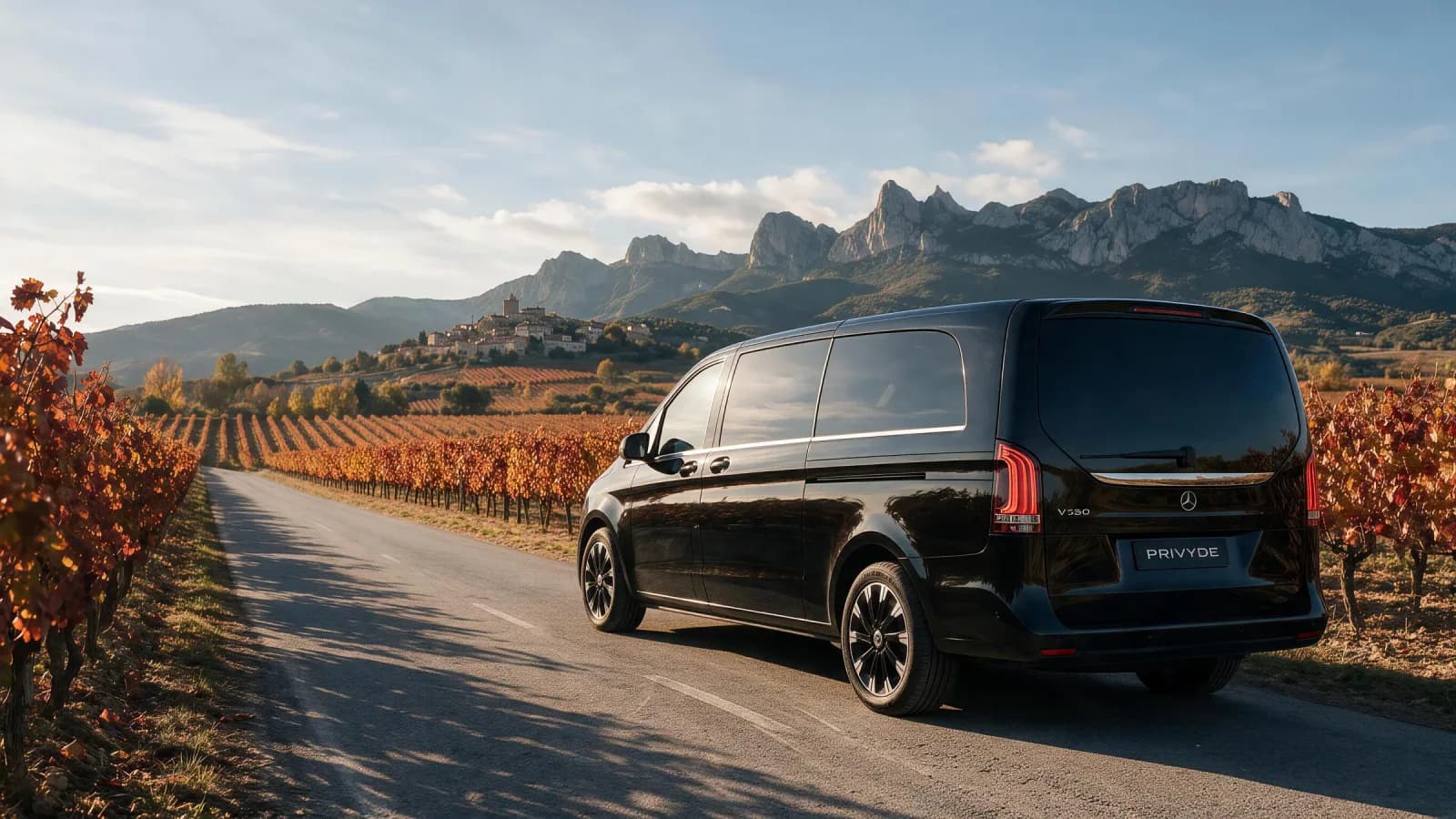 Mercedes-Benz V300 Atelier en un camino entre viñedos de Rioja Alavesa