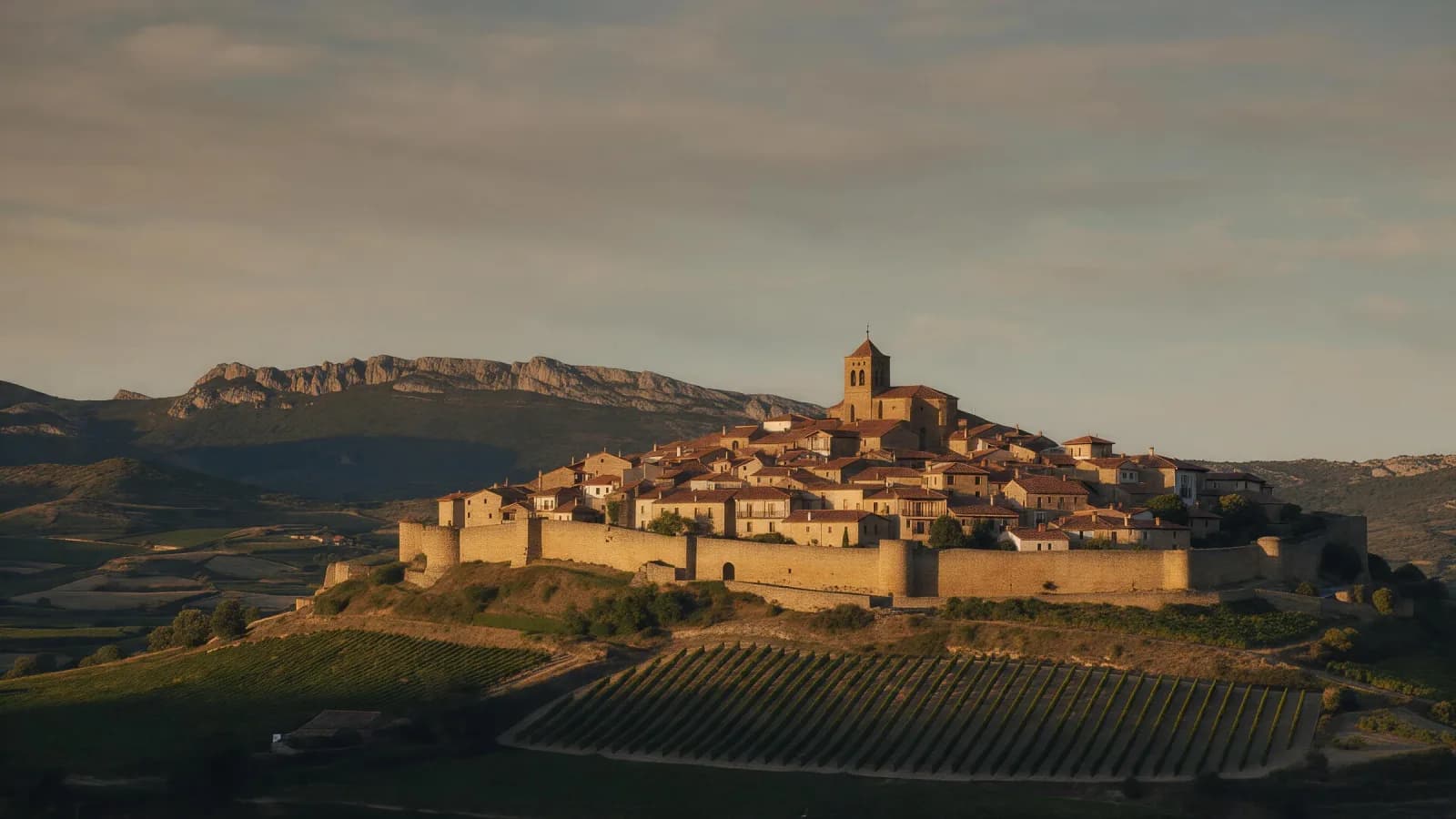Laguardia amurallada al atardecer, capital de Rioja Alavesa