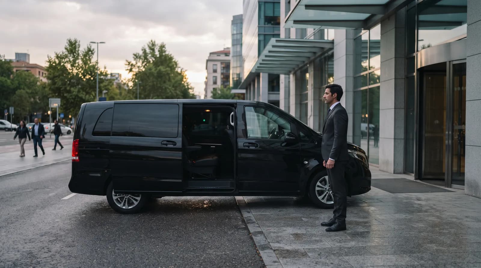 Conductor profesional junto a un vehículo de movilidad corporativa en un centro de negocios de Madrid