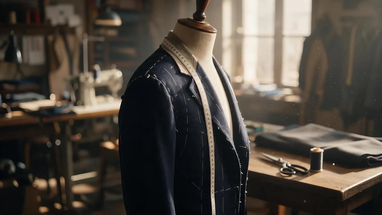 Chaqueta de lana a medio confeccionar sobre maniquí en un taller de sastrería de Madrid