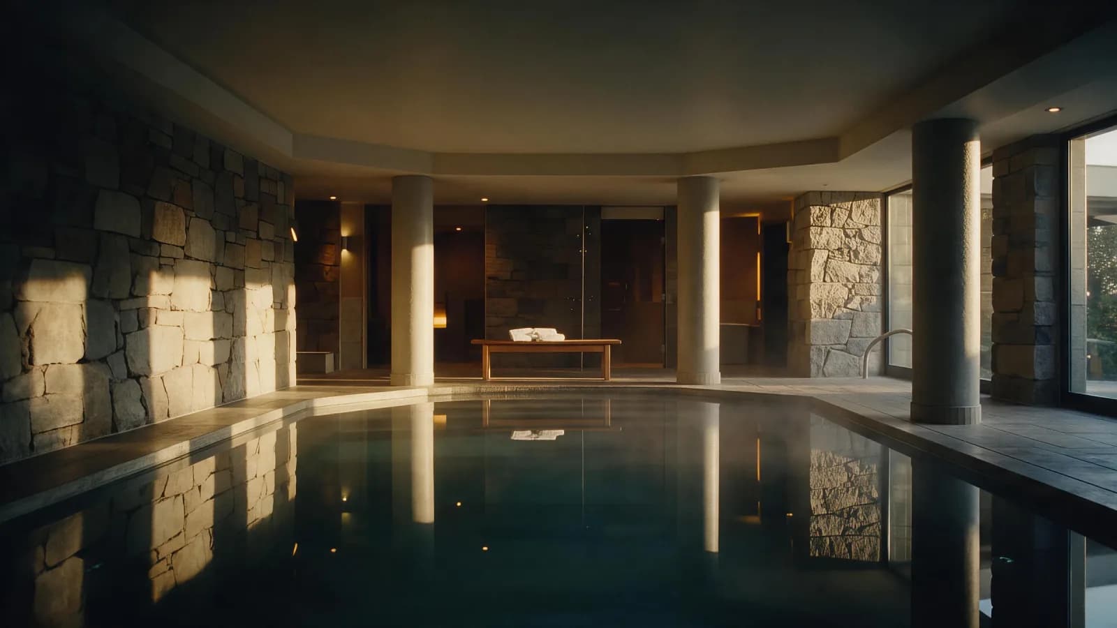 Piscina cubierta de un spa de hotel en Madrid al amanecer