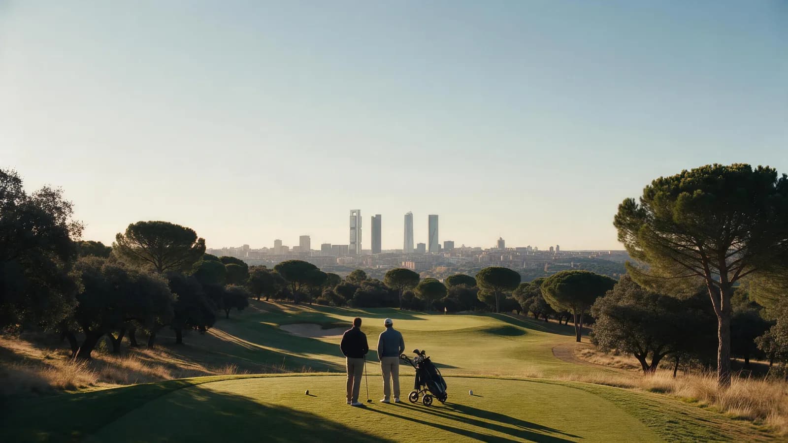 Campo de golf en las afueras de Madrid con el perfil de la ciudad al fondo