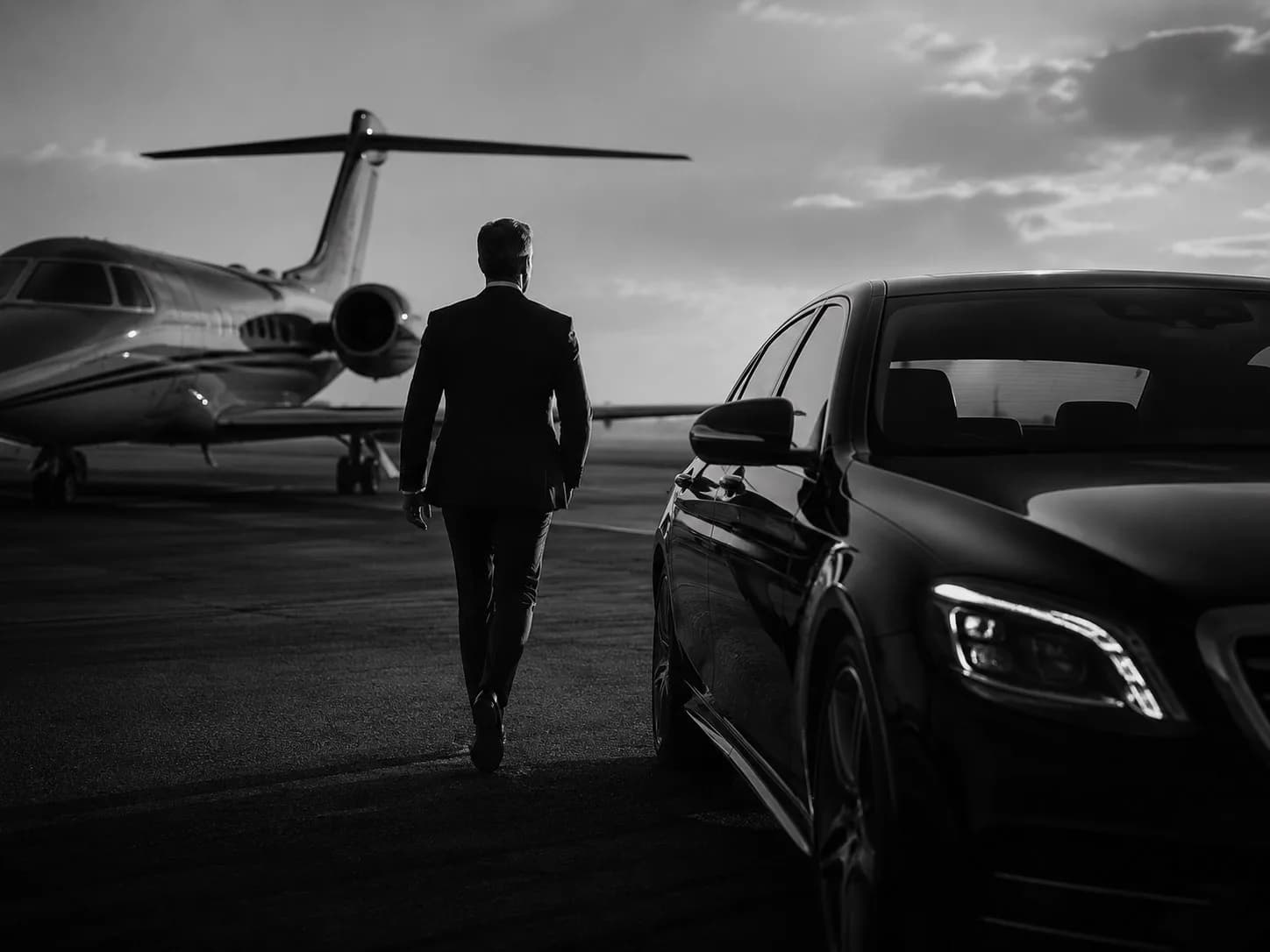 Cliente accediendo al vehículo junto a un jet privado