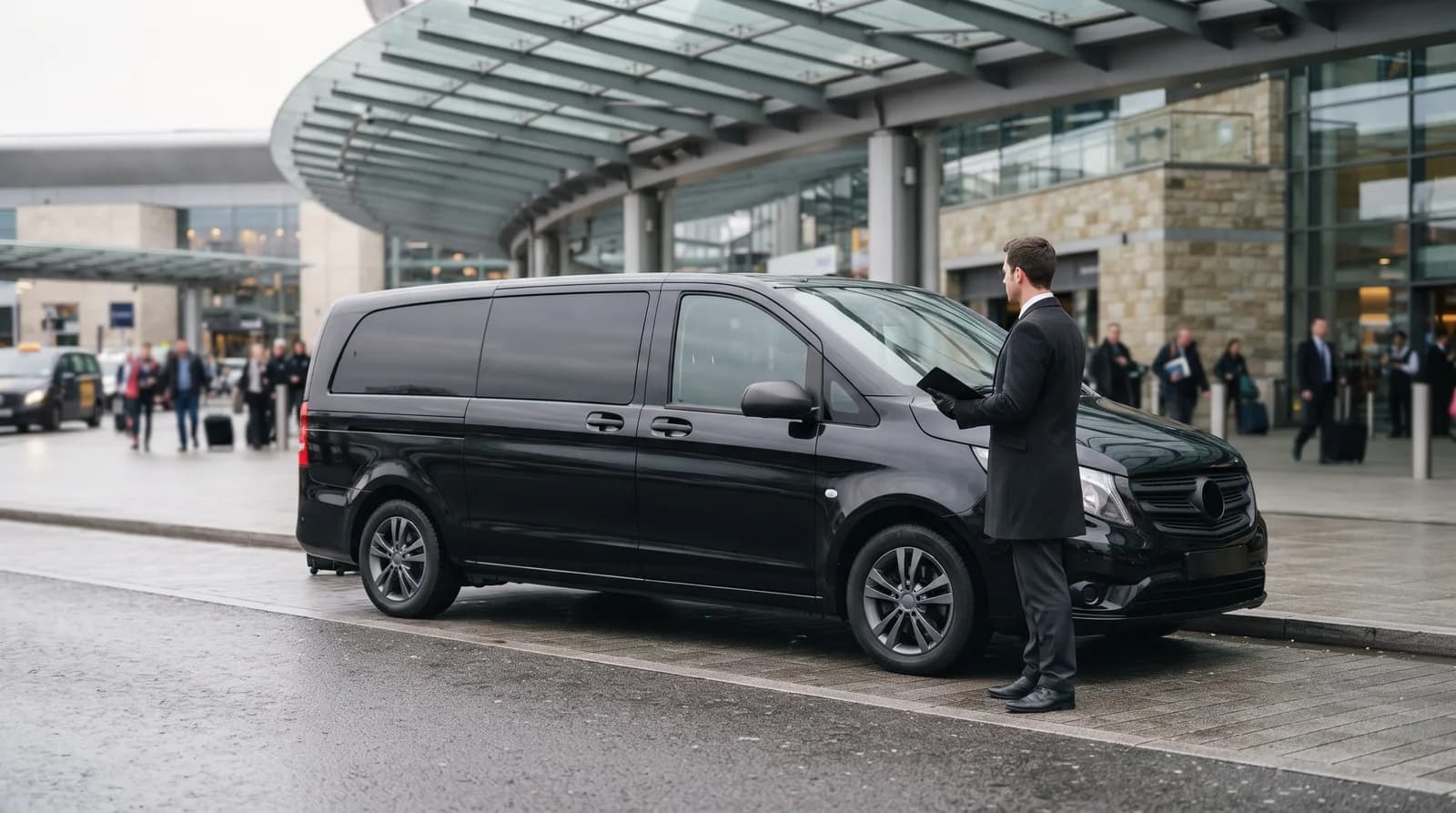 Vehículo ejecutivo con conductor esperando en la terminal de llegadas del aeropuerto