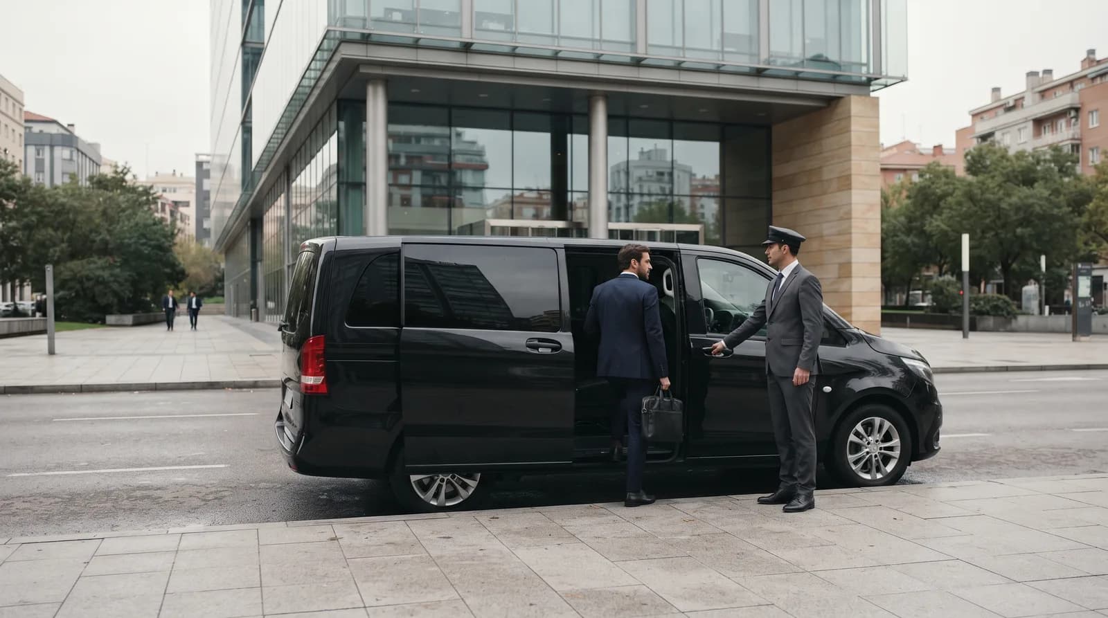 Black Mercedes-Benz executive vehicle with chauffeur waiting outside a corporate headquarters in Madrid